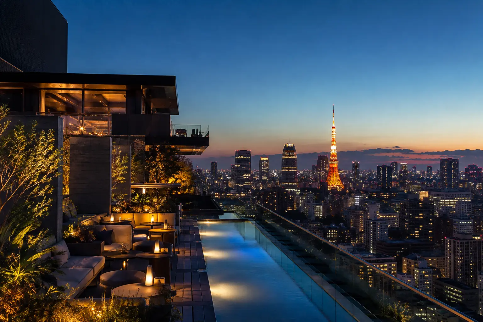 Contemporary hotel overlooking an Asian city skyline